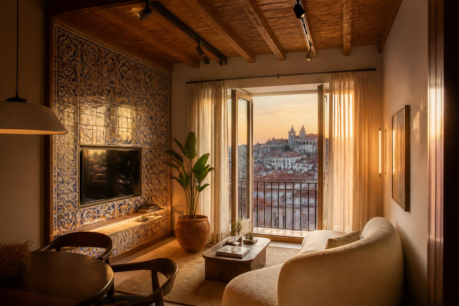 Boutique Porto apartment interior at golden hour